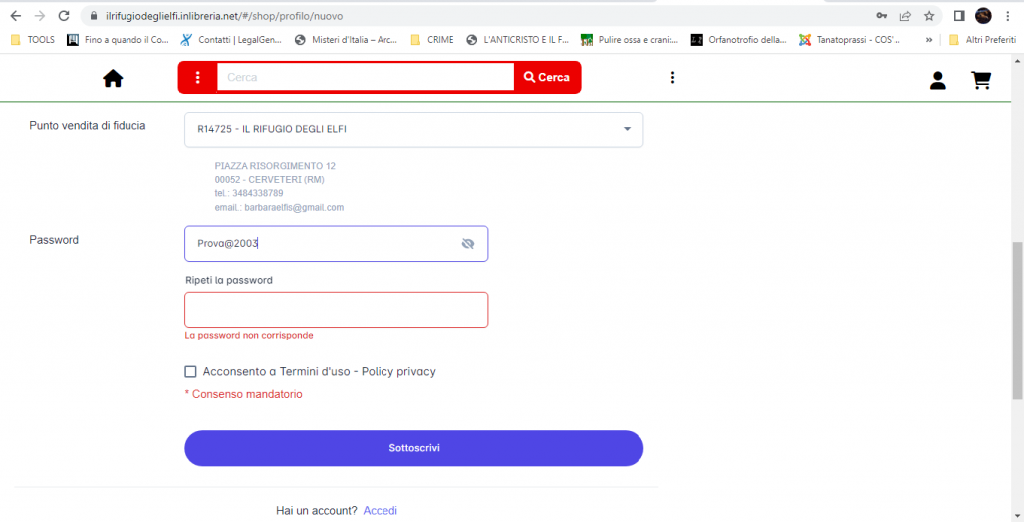 Creare una password che contenga: -Lunghezza minima 6 caratteri - Almeno un carattere maiuscolo - Almeno un carattere minuscolo - Almeno un carattere numerico - Almeno un carattere speciale ( @ # etc)